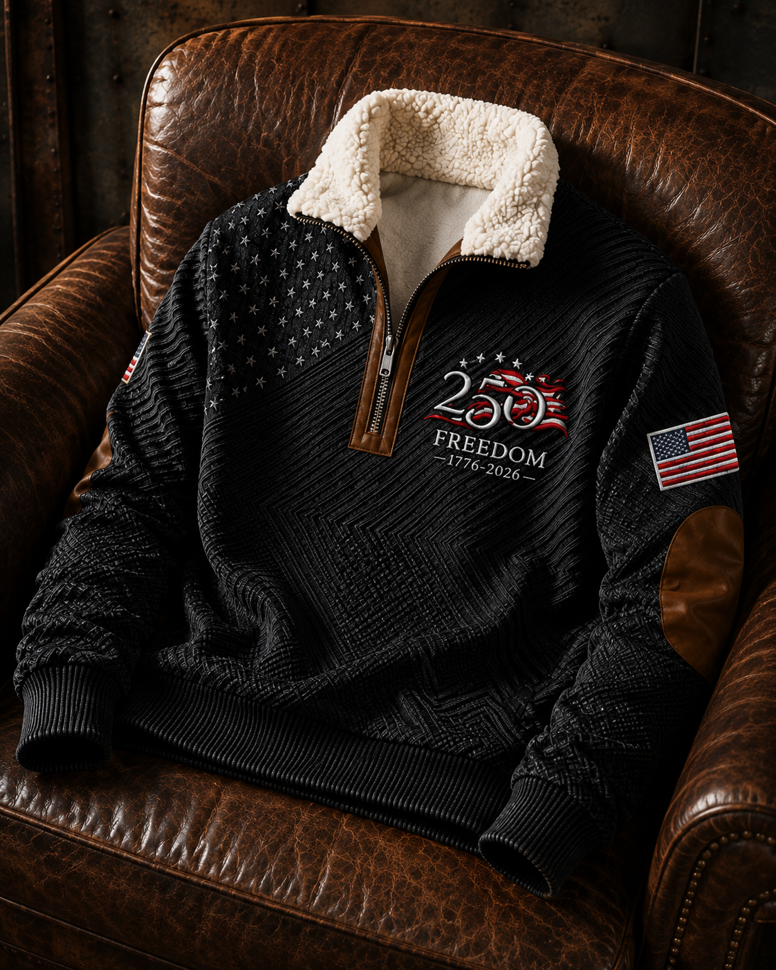 Men's U.S. 250th Anniversary Commemorative Jacquard Fabric Zipper Fur Collar Long Sleeve Coat